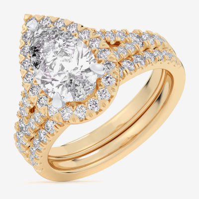 (G-H / Si1-Si2) Womens 3 CT. T.W. Lab Grown White Diamond 14K White Gold Pear Side Stone Halo Bridal Set