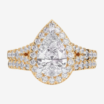 (G-H / Si1-Si2) Womens 3 CT. T.W. Lab Grown White Diamond 14K White Gold Pear Side Stone Halo Bridal Set