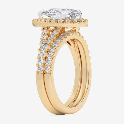 (G-H / Si1-Si2) Womens 3 CT. T.W. Lab Grown White Diamond 14K White Gold Pear Side Stone Halo Bridal Set