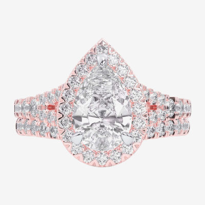 G-H / Si1-Si2) Womens CT. T.W. Lab Grown White Diamond 14K Gold Pear Side Stone Halo Bridal Set