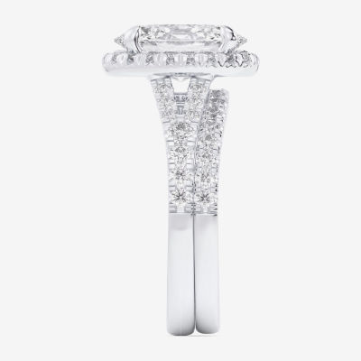 (G-H / Si1-Si2) Womens 1 5/8 CT. T.W. Lab Grown White Diamond 14K White Gold Oval Side Stone Halo Bridal Set
