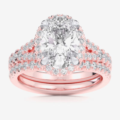 G-H / Si1-Si2) Womens CT. T.W. Lab Grown White Diamond 14K Gold Oval Side Stone Halo Bridal Set