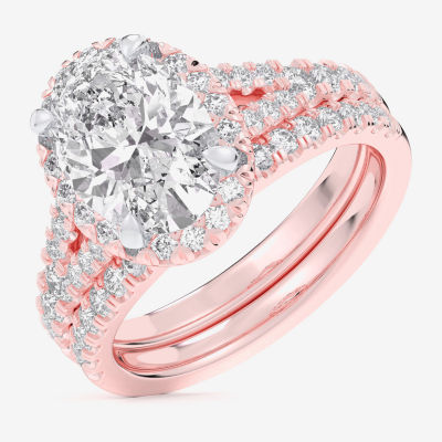 G-H / Si1-Si2) Womens CT. T.W. Lab Grown White Diamond 14K Gold Oval Side Stone Halo Bridal Set