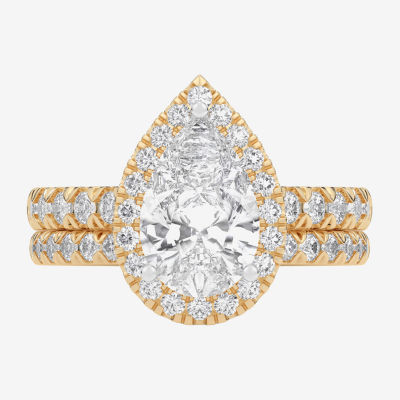 (G-H / Si1-Si2) Womens 1 5/8 CT. T.W. Lab Grown White Diamond 14K White Gold Pear Side Stone Halo Bridal Set