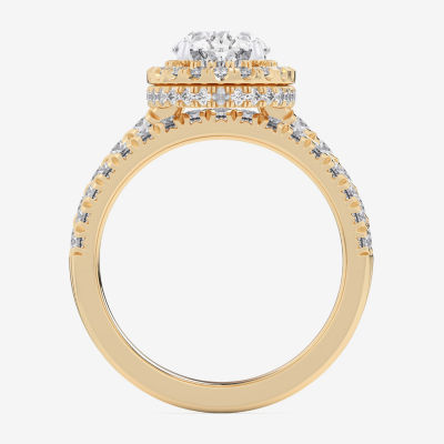 (G-H / Si1-Si2) Womens 1 5/8 CT. T.W. Lab Grown White Diamond 14K Gold Oval Side Stone Halo Bridal Set