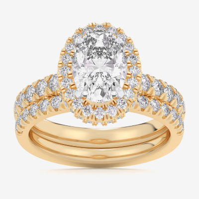 (G-H / Si1-Si2) Womens 1 5/8 CT. T.W. Lab Grown White Diamond 14K Gold Oval Side Stone Halo Bridal Set