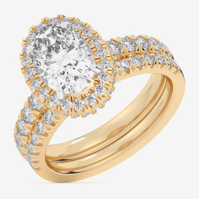 (G-H / Si1-Si2) Womens 1 5/8 CT. T.W. Lab Grown White Diamond 14K Gold Oval Side Stone Halo Bridal Set