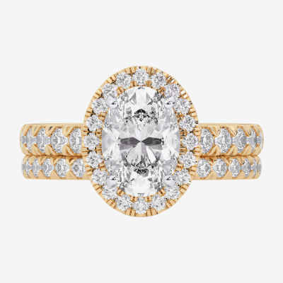 (G-H / Si1-Si2) Womens 1 5/8 CT. T.W. Lab Grown White Diamond 14K Gold Oval Side Stone Halo Bridal Set