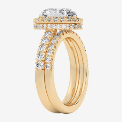 (G-H / Si1-Si2) Womens 1 5/8 CT. T.W. Lab Grown White Diamond 14K Gold Oval Side Stone Halo Bridal Set