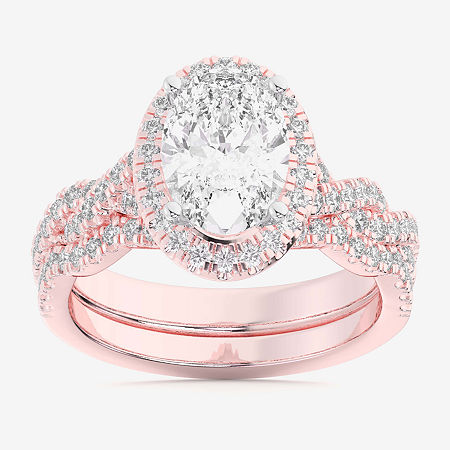 Modern Bride (g-h / Si1-si2) Womens 1 1/2 Ct. T.w. Lab Grown White Diamond 14k White Gold Oval Side Stone Halo Br In Pink