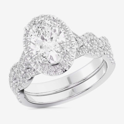 (G-H / Si1-Si2) Womens 2 3/4 CT. T.W. Lab Grown White Diamond 14K White Gold Oval Side Stone Halo Bridal Set