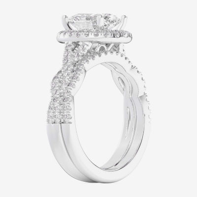 (G-H / Si1-Si2) Womens 2 3/4 CT. T.W. Lab Grown White Diamond 14K White Gold Oval Side Stone Halo Bridal Set