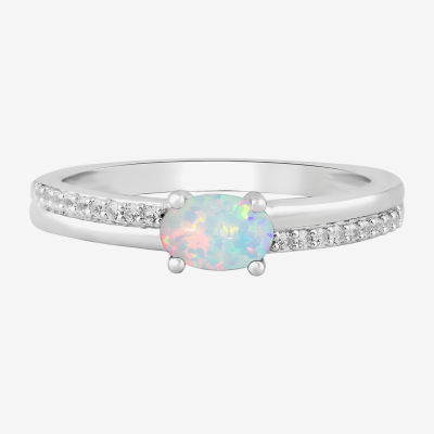 Womens Lab Created White Opal Sterling Silver Oval Stackable Ring