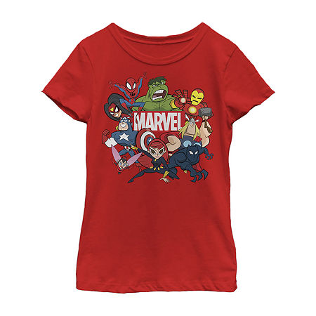 Little & Big Girls Crew Neck Marvel Short Sleeve Graphic T-Shirt, Medium, Red
