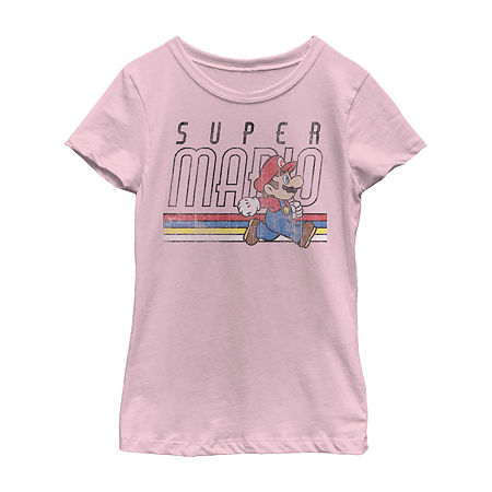 Little & Big Kid Girls Crew Neck Short Sleeve Regular Fit Super Mario Graphic T-Shirt, Medium, Red