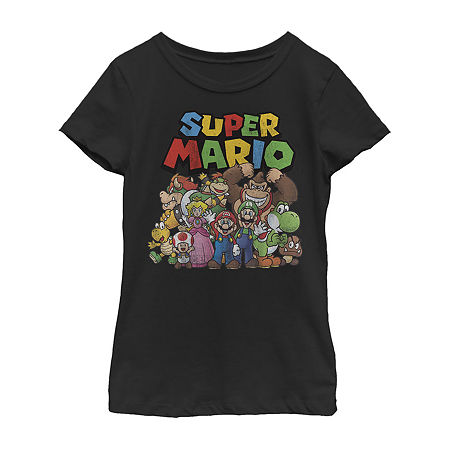 Little & Big Kid Girls Crew Neck Short Sleeve Regular Fit Super Mario Graphic T-Shirt, Small, Black