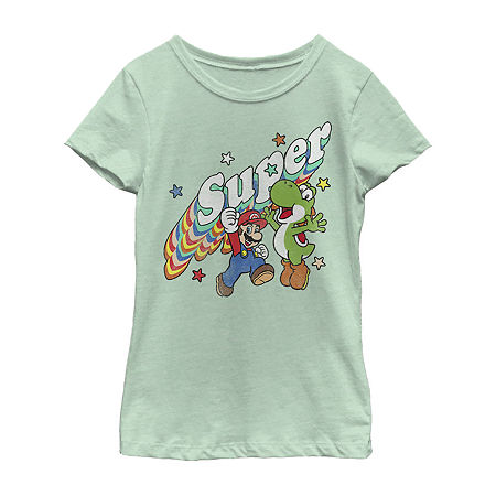 Little & Big Girls Super Mario Yoshi Crew Neck Short Sleeve Graphic T-Shirt, Medium, Green