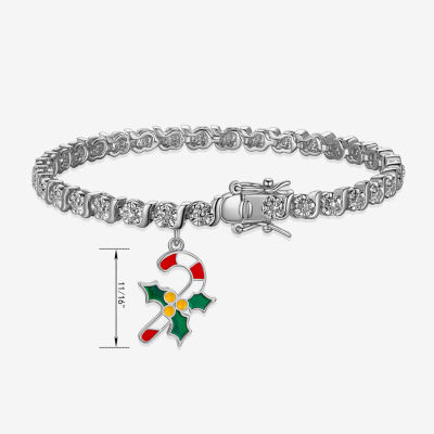 Sparkle Allure Candy Cane Charm Diamond Accent Pure Silver Over Brass 7.25 Inch Link Tennis Bracelet