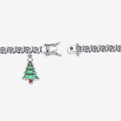 Sparkle Allure Christmas Tree Charm Diamond Accent Pure Silver Over Brass 7.25 Inch Link Tennis Bracelet