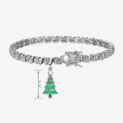 Sparkle Allure Christmas Tree Charm Diamond Accent Pure Silver Over Brass 7.25 Inch Link Tennis Bracelet