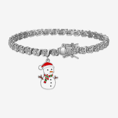 Sparkle Allure Snowman Charm Diamond Accent Pure Silver Over Brass 7.25 Inch Link Tennis Bracelet