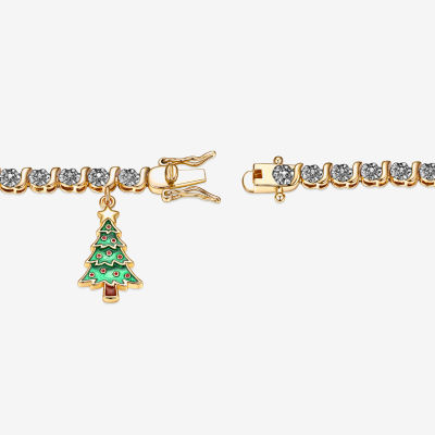 Sparkle Allure Christmas Tree Charm Diamond Accent 14K Gold Over Brass 7.25 Inch Link Tennis Bracelet