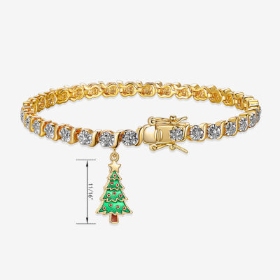 Sparkle Allure Christmas Tree Charm Diamond Accent 14K Gold Over Brass 7.25 Inch Link Tennis Bracelet