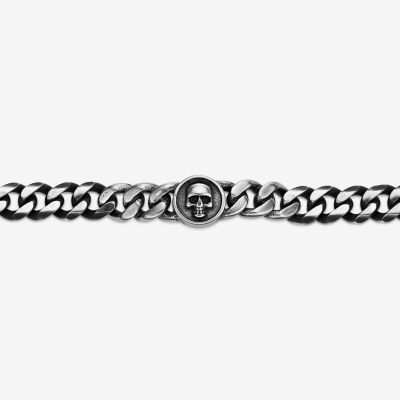 Mens Stainless Steel 8 1/2 Inch Solid Curb Skull Chain Bracelet