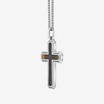 Mens Brown Tiger's Eye Stainless Steel Cross Pendant Necklace