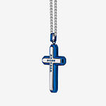 Mens Blue Cubic Zirconia Stainless Steel Cross Pendant Necklace