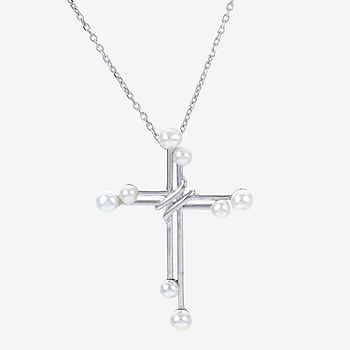 White Cultured Freshwater Pearl Necklace with Cross Sterling Silver White Cultured Freshwater Pearl Necklace with Cross Sterling Silver
