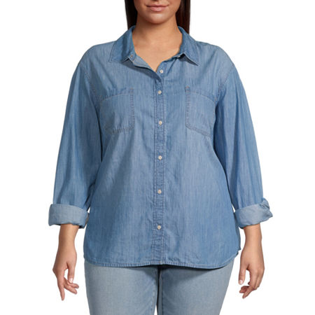 a.n.a Plus Womens Long Sleeve Regular Fit Button-Down Shirt, 1x, Blue