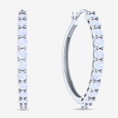 Lab Created White Opal Sterling Silver 30mm Hoop Earrings