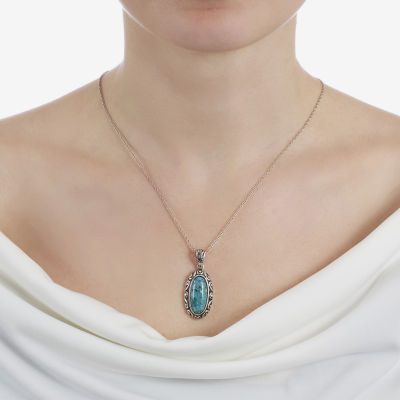 Womens Enhanced Blue Turquoise Sterling Silver Pendant Necklace