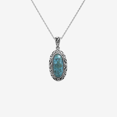 Womens Enhanced Blue Turquoise Sterling Silver Pendant Necklace