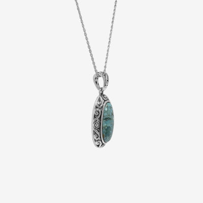 Womens Enhanced Blue Turquoise Sterling Silver Pendant Necklace