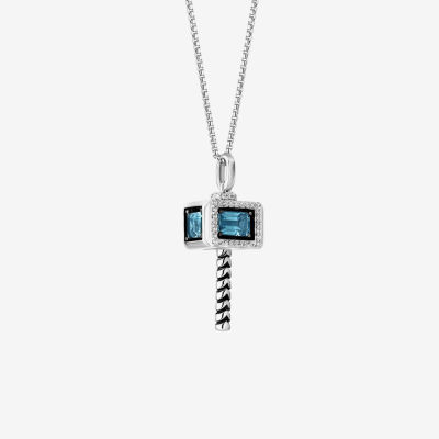 Marvel Fine Jewelry "Mjolnir" Hammer Womens 1/8 CT. T.W. Genuine Blue Topaz Sterling Silver Avengers Thor Pendant Necklace