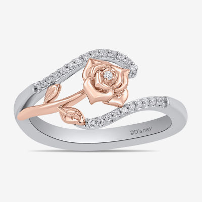 Enchanted Disney Fine Jewelry Womens 1/10 CT. T.W. Mined White Diamond 14K Rose Gold Over Silver Sterling Silver Beauty and the Beast Belle Princess Cocktail Ring
