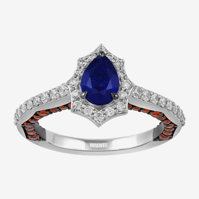 Womens 3/8 CT. Lab Created Blue Sapphire 14K White Gold Spiderman Side Stone Engagement Ring