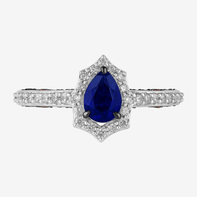 Womens 3/8 CT. Lab Created Blue Sapphire 14K White Gold Spiderman Side Stone Engagement Ring