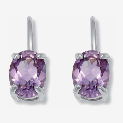 Genuine Purple Amethyst Sterling Silver Oval Drop Earrings