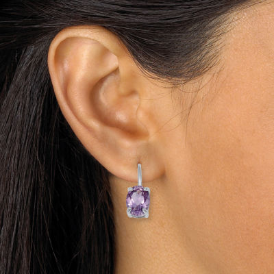 Genuine Purple Amethyst Sterling Silver Oval Drop Earrings