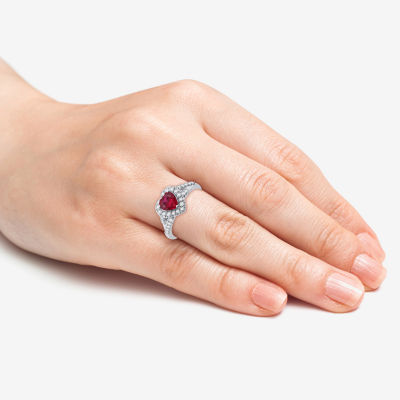 Yes, Please! Womens Lab Created Red Ruby Sterling Silver Heart Halo Side Stone Cocktail Ring