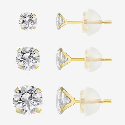 White Cubic Zirconia 10K Gold Round 2 Pair Earring Set