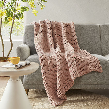 Madison Park Chenille Chunky Knit Lightweight Throw, One Size, Pink