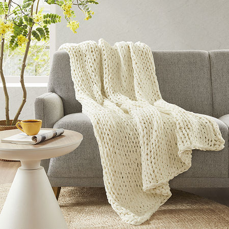 Madison Park Chenille Chunky Knit Lightweight Throw, One Size, White