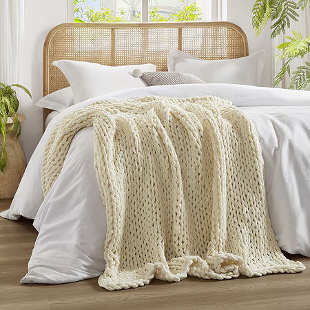 Madison Park Chenille Chunky Knit Lightweight Throw, One Size, White