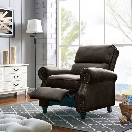 ProLounger Anna Traditional Roll-Arm Push Back Recliner In Distressed Faux Leather With Nailheads, One Size, Gray