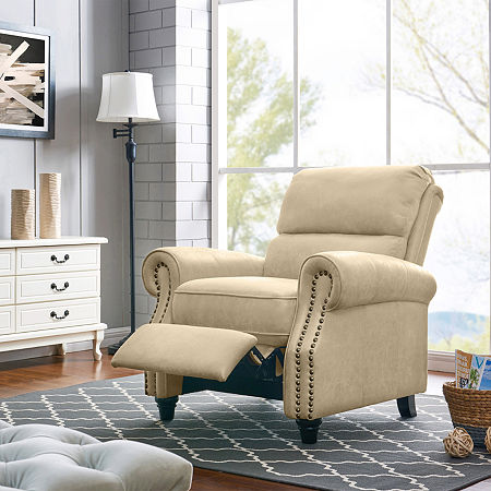 ProLounger Anna Traditional Roll-Arm Push Back Recliner In Distressed Faux Leather With Nailheads, One Size, Beige