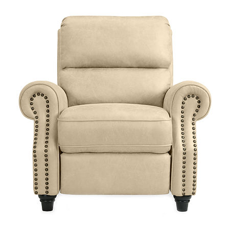 ProLounger Anna Traditional Roll-Arm Push Back Recliner In Distressed Faux Leather With Nailheads, One Size, Beige